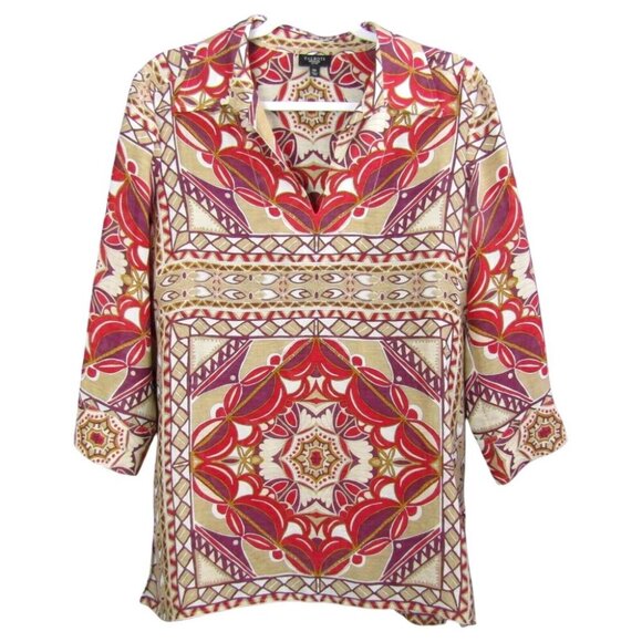 Talbots Silk Linen Tunic Top Red Tan Purple Size 10 Petite 3/4 Sleeve Semi Sheer - Picture 1 of 7